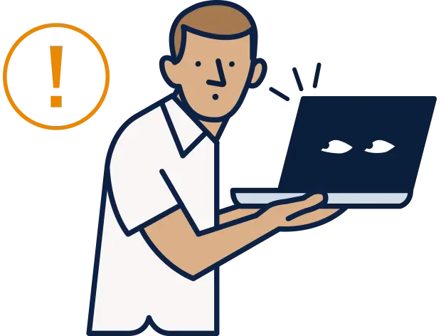 Confused man holding a laptop with googly eyes on it